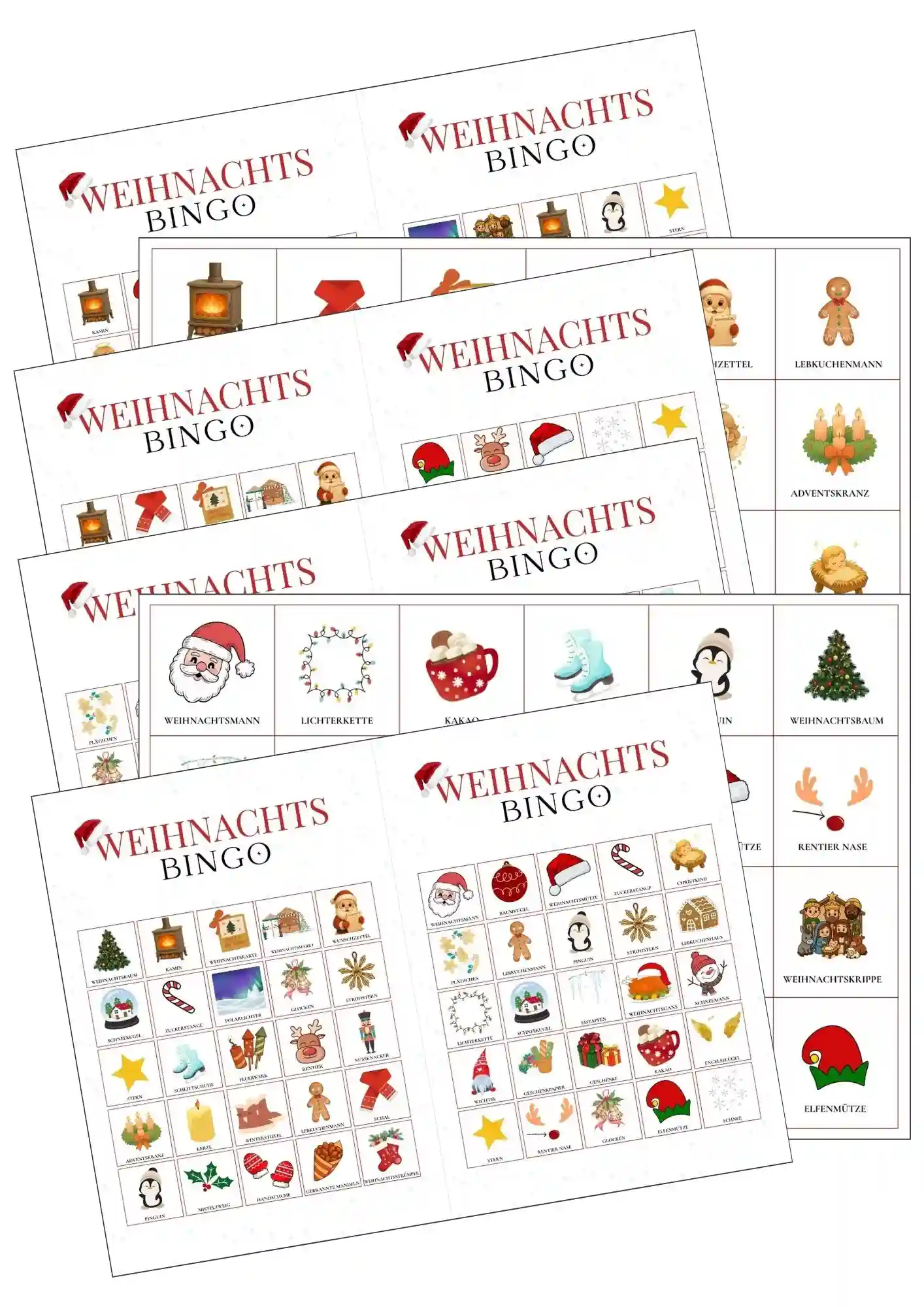 Vorschaubilder für die PDF Vorlagen zum Download für Bingo mit Weihnachtmotiven