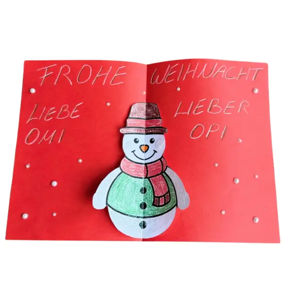 Rote Weihnachtskarte mit einem Schneemann als Pop-up