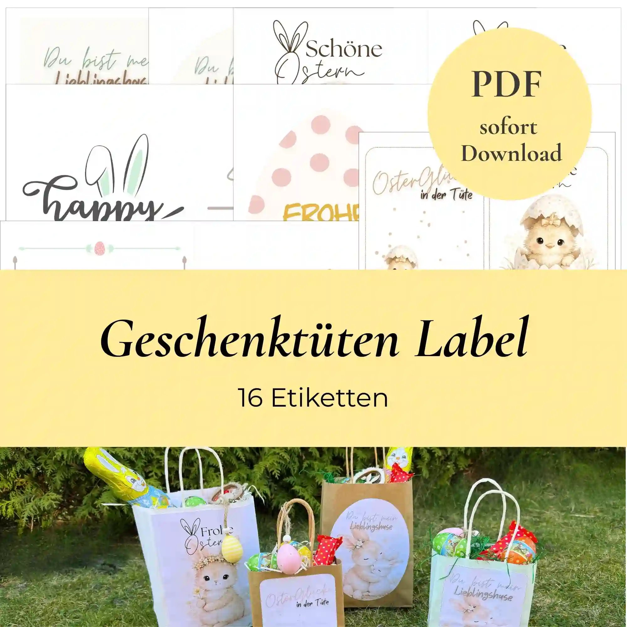 Geschenktüten Lables Produktbild, Geschenktaschen gefüllt mit Leckereien zu Ostern
