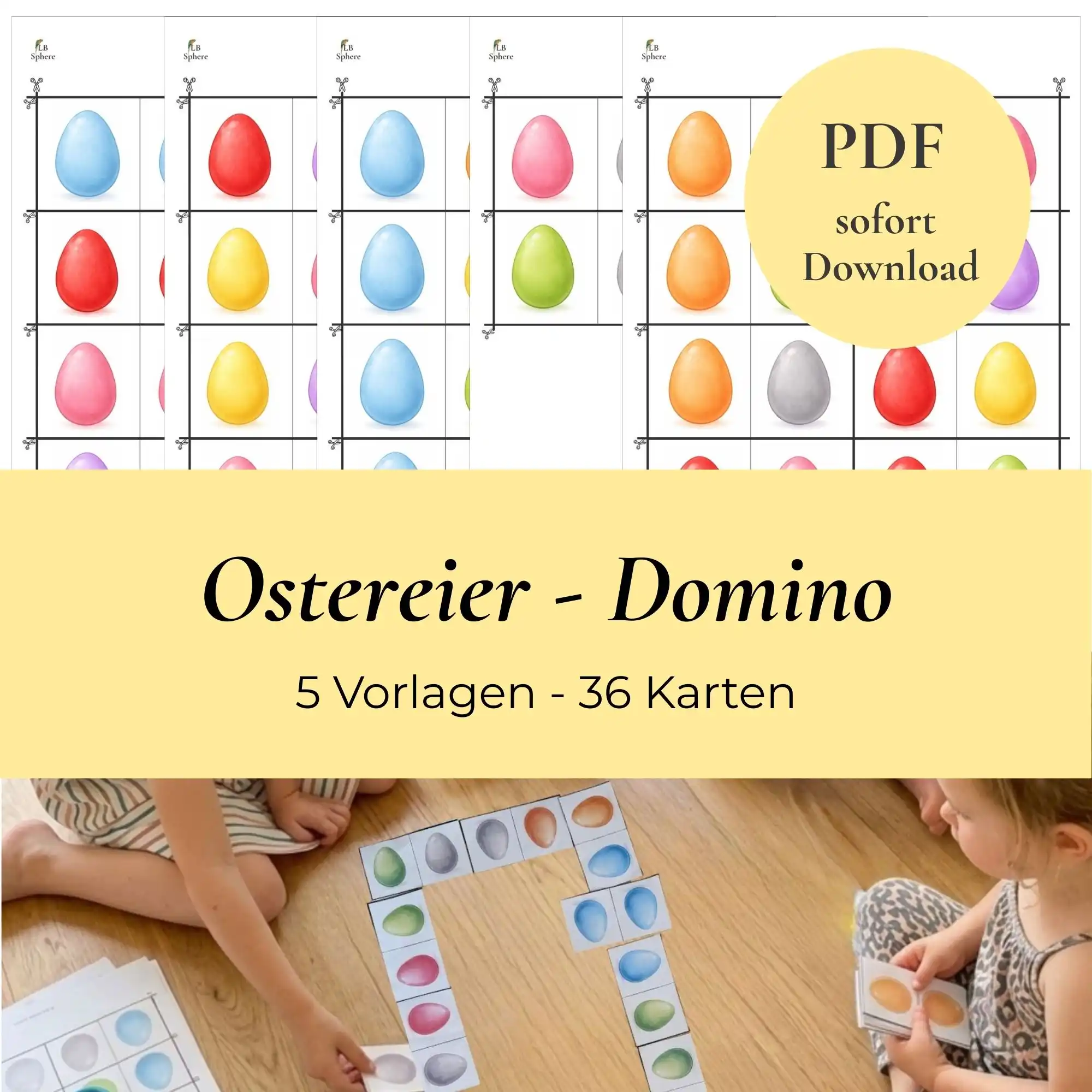 Ostereier Domino für Kinder. Bunte Ostereier Vorlagen