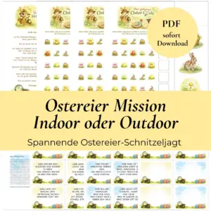 Mehrere Seiten mit bunten Osterhasen- und Ostereier-Illustrationen sowie Texten zu einer Ostereier-Schnitzeljagd als PDF-Download