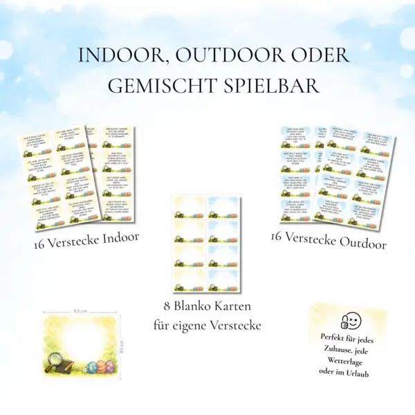 Übersicht des Pakets für die Ostereier Schnitzeljagt für draußen, drinnen oder gemeinsam kombinierbar