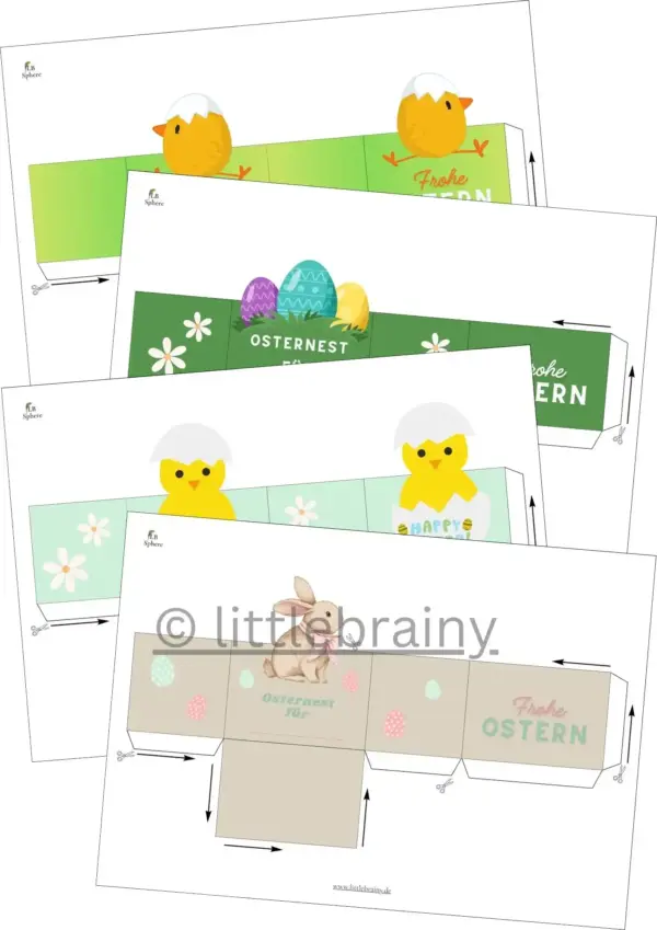 4 Vorlagen mit jeweils 1 Küken, 1 Hase und Ein Osternest mit bunten ostereiern. Frohe Ostern