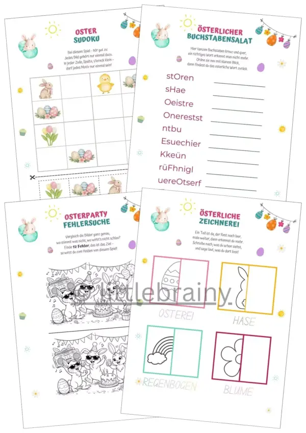 Produktübersicht mit 4 Osterrätseln (Oster-Sudoku) Fehlersuchbild, Österlicher Buchstabensalat und Bildzeichnere) aus dem PRodukt Osterrätsel Sammlung