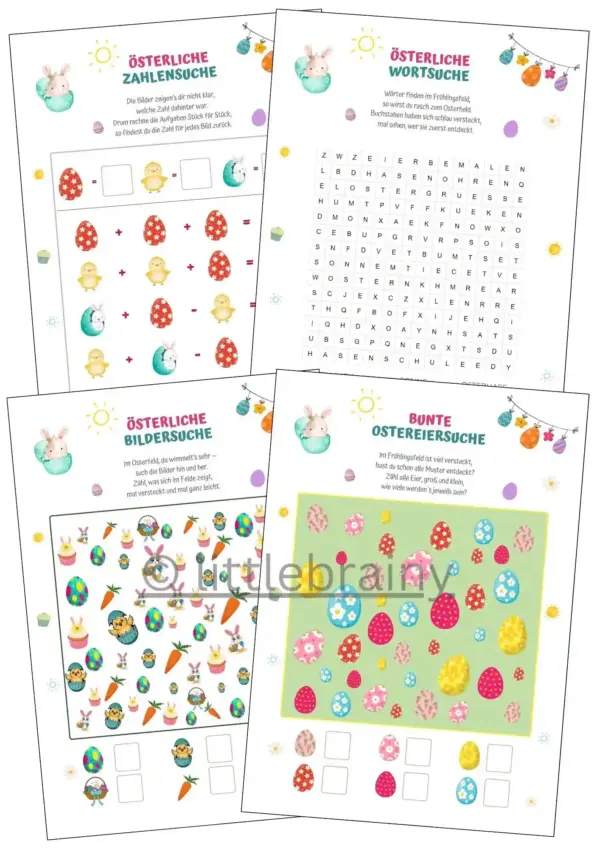 Produktübersicht mit 4 Osterrätseln (Zahlensuche, Bildersuche, Ostereiersuche, Wörtersuche) aus dem PRodukt Osterrätsel Sammlung
