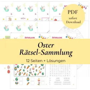 Produktbild mit allen Rätseln PDF abgebildet. In einem Banner steht Osterrätsel Sammlung