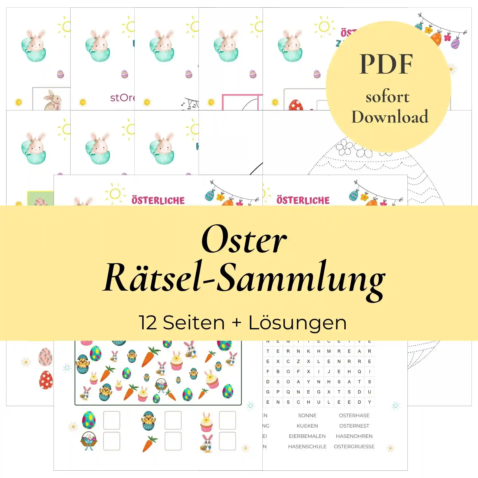 Produktbild mit allen Rätseln PDF abgebildet. In einem Banner steht Osterrätsel Sammlung